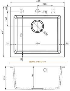 Sink Quality Ferrum 50, kuchynský granitový drez 490x450x195 mm + zlatý sifón, brocade, SKQ-FER.B.1K50.XG