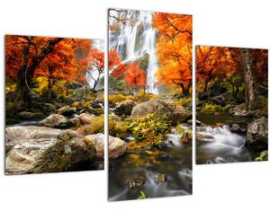 Obraz - Vodopády v oranžovom lese (90x60 cm)