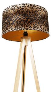 Moderná stojanová lampa z dreveného textilného leopardieho tienidla 50 cm - Tripod Classic