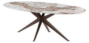 Art deco oválny jedálenský stôl Daron s bielou keramickou doskou s hnedým mramorovým dekorom a bronzovou podstavou 220 cm