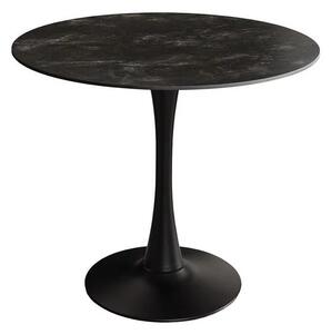 Industriálny čierny jedálenský stôl Ceramia Gris s okrúhlou keramickou doskou so sivým mramorovým dizajnom a kovovou nohou 80 cm