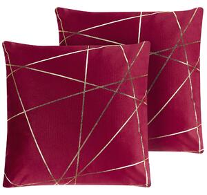 Sada 2 dekoratívnych vankúšov červená zlatá zamat 45 x 45 cm geometrický vzor štvorcový tvar snímateľné poťahy glamour štýl doplnky