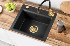 Invena Tesalia, 1-komorový granitový drez 440x480x160 mm a drezová batéria Glamour, čierna-zlatá, INV-AZ-01-Z41-SET