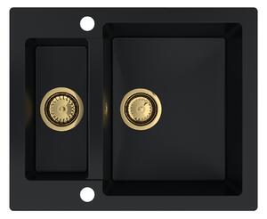 Sink Quality Ferrum, kuchynský granitový drez 605x495x210 mm + zlatý sifón, čierna, SKQ-FER.C.5KBO.XG