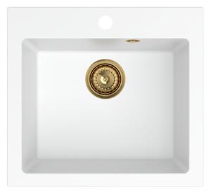 Sink Quality Ferrum 50, kuchynský granitový drez 490x450x195 mm + zlatý sifón, biela, SKQ-FER.W.1K50.XG