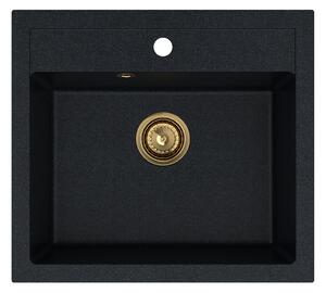 Sink Quality Ferrum, kuchynský granitový drez 565x510x205 mm + zlatý sifón, čierna škvrnitá-Brocade, SKQ-FER.B.1K60.XG