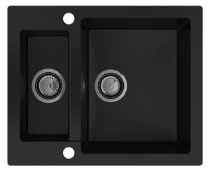 Sink Quality Ferrum, kuchynský granitový drez 605x495x210 mm + čierny sifón, čierna, SKQ-FER.C.5KBO.XB