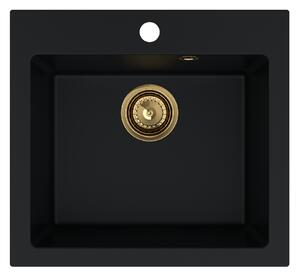Sink Quality Ferrum 50, kuchynský granitový drez 490x450x195 mm + zlatý sifón, čierna, SKQ-FER.C.1K50.XG