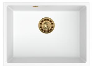 Sink Quality Crypton 60, kuchynský granitový drez 535x400x205 mm + zlatý sifón, biela, SKQ-CRY.W.1KBO.60.XG