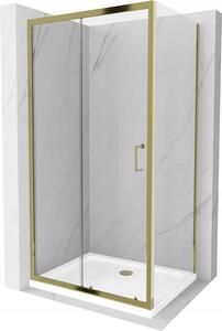 Mexen Apia sprchovací kút s posuvnými dverami 120 (dvere) x 90 (stena) cm, 5mm číre sklo, zlatý profil + biela sprchová vanička SLIM, 840-120-090-50-00-4010G