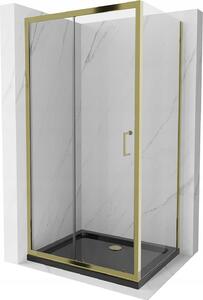 Mexen Apia sprchovací kút s posuvnými dverami 130 (dvere) x 80 (stena) cm, 5mm číre sklo, zlatý profil + biela sprchová vanička SLIM, 840-130-080-50-00-4070G