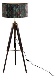 Mosadzná stojaca lampa na trojnožke s velúrovým tienidlom s dizajnom listov a zlatým vnútorným povrchom - Cortin