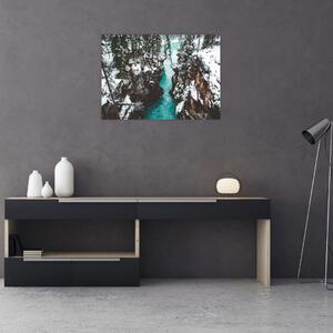 Sklenený obraz - horská rieka v zime (70x50 cm)