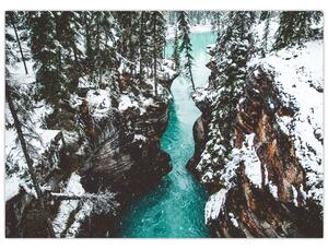 Sklenený obraz - horská rieka v zime (70x50 cm)