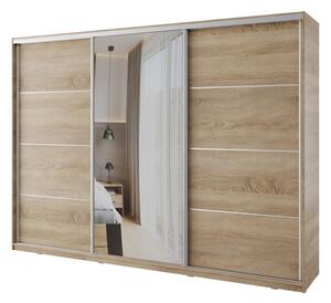 Šatníková skriňa NEJBY BARNABA 280 cm s posuvnými dverami, zrkadlom, 4 šuplíky, 2 šatníkovými tyčami, dub sonoma