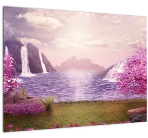 Sklenený obraz ružových stromov s jazerom (70x50 cm)