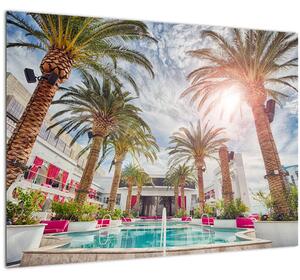 Sklenený obraz - palmy s bazénom (70x50 cm)