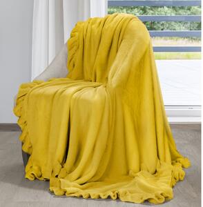 Mäkká horčicová deka DOLLY s ozdobným volánom 150x200 cm