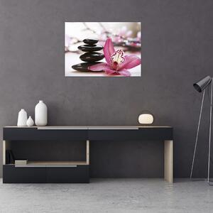 Sklenený obraz masážnych kameňov a orchidey na vode (70x50 cm)