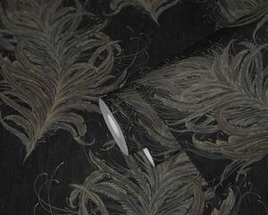 Čierna tapeta s pierkami v metalických farbách 38009-4 - tapety do spálne