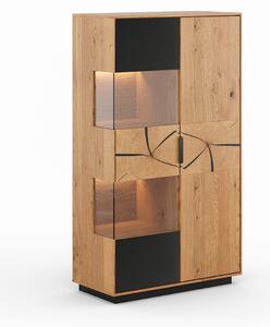 Stojacia dubová vitrína 2D s dreveným plátom a čiernym sklom Tirano