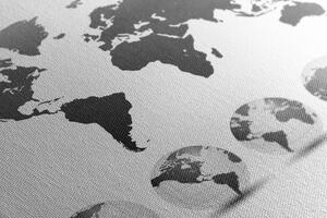 Obraz na korku glóbusy s mapou sveta v čiernobielom prevedení
