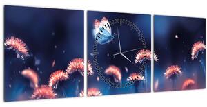 Obraz púpav s modrým motýľom (s hodinami) (90x30 cm)