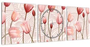 Obraz - Ružové tulipány (s hodinami) (90x30 cm)