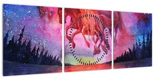 Obraz - Zjavenie vesmírnych koní nad jazerom, aquarel (s hodinami) (90x30 cm)