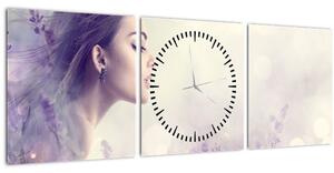 Obraz ženy s levanduľami (s hodinami) (90x30 cm)