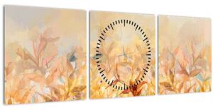 Obraz - Listy vo farbách jesene, olejomaľba (s hodinami) (90x30 cm)