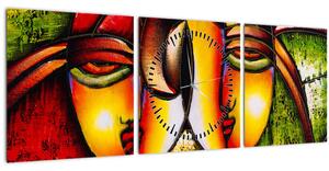 Obraz - Olejomaľba, abstraktné tváre (s hodinami) (90x30 cm)