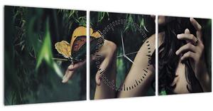 Obraz pôvabnej ženy s motýľom (s hodinami) (90x30 cm)