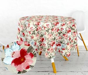 Ervi bavlnený obrus na stôl okrúhly - kvety na béžovom