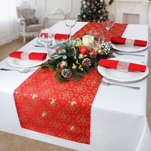 Vianočný behúň na stôl červený so zlatými snehovými vločkami Merry Christmas Farba Červená Rozmery 40x140 cm