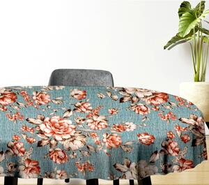 Ervi bavlnený obrus na stôl oválny - kvety na tyrkysovom