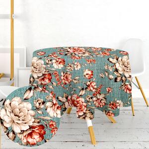 Ervi bavlnený obrus na stôl okrúhly - kvety na tyrkysovom