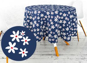 Ervi bavlnený obrus na stôl okrúhly - kvetinky na modrom