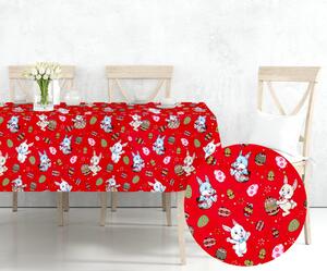Ervi bavlnený obrus na stôl obdĺžnikový - Veľkonočné zajačikovia-červené