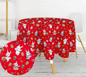 Ervi bavlnený obrus na stôl okrúhly - Veľkonočné zajačikovia-červené