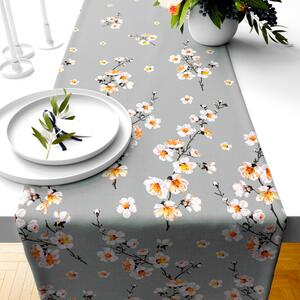 Ervi bavlnený behúň na stôl - kvet jablone na šedom