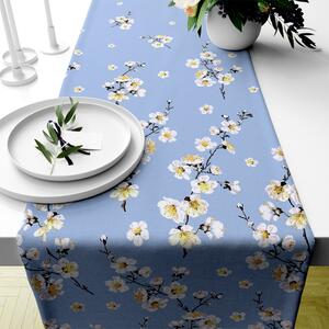 Ervi bavlnený behúň na stôl - kvet jablone na modrom