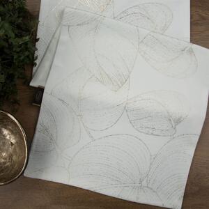 Zamatový stredový obrus s lesklou potlačou listov bielej farby Biela