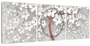 Obraz - Obraz bieleho stromu s kvetinami, rosegold (s hodinami) (90x30 cm)
