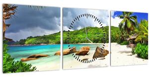 Obraz - Seychely, pláž Takamaka (s hodinami) (90x30 cm)