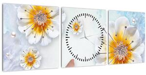 Obraz - Kompozícia s kvetmi a motýľmi (s hodinami) (90x30 cm)