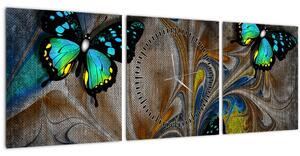 Obraz - Žiariví motýle na obraze (s hodinami) (90x30 cm)