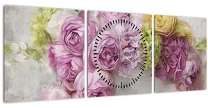 Obraz - Kvety na stene v pastelových farbách (s hodinami) (90x30 cm)
