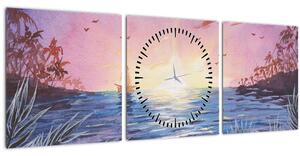 Obrázok - Západ slnka nad vodou, aquarel (s hodinami) (90x30 cm)