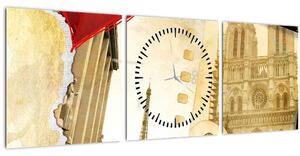 Obraz - Spomienky na Paríž (s hodinami) (90x30 cm)